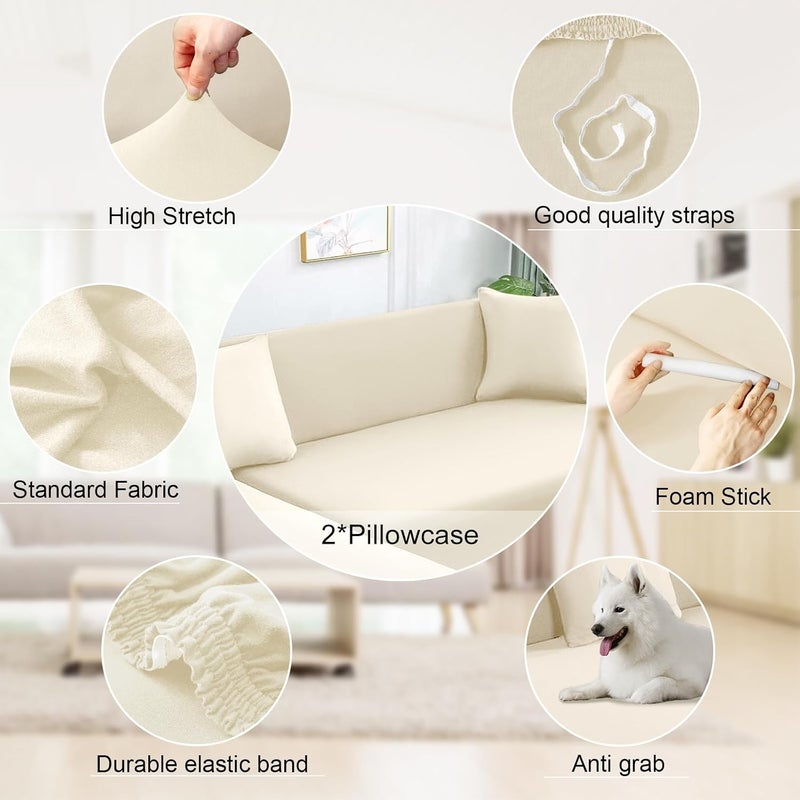 NAISI Sectional Couch Cover L Shape 2 Pieces Sofa Cover Soft Stretch Slipcovers with 2pcs Pillowcases Furniture Protector Couch Covers 3 Seater + 3 Seater(Yellowish-White) - Image 3