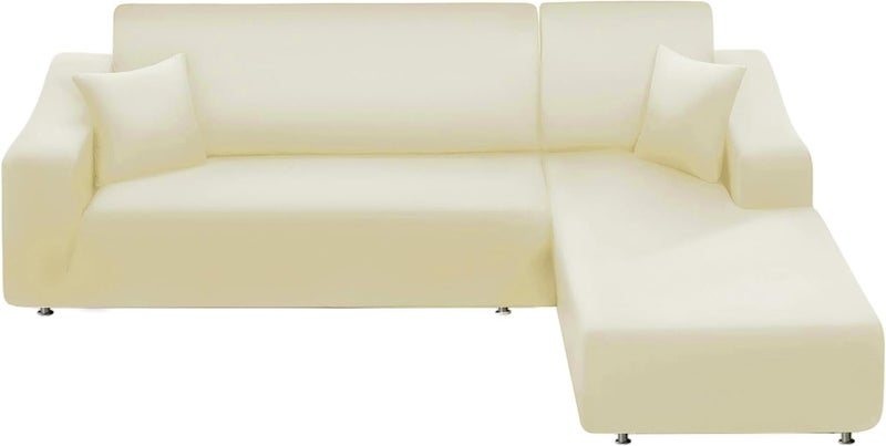 NAISI Sectional Couch Cover L Shape 2 Pieces Sofa Cover Soft Stretch Slipcovers with 2pcs Pillowcases Furniture Protector Couch Covers 3 Seater + 3 Seater(Yellowish-White) - Image 1