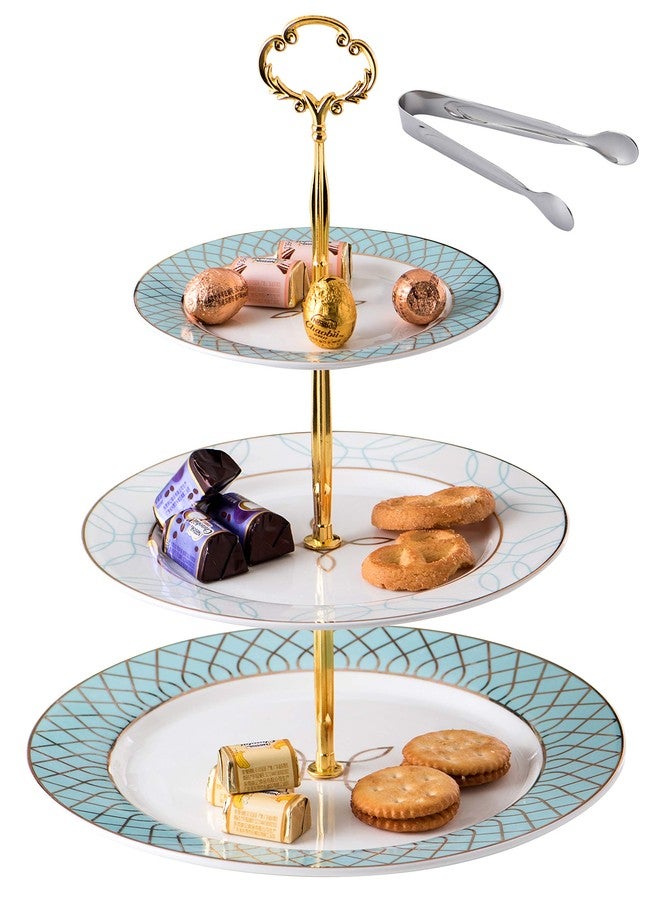 Jusalpha 3-tier Elegant Blue Ceramic Cake Stand/Cupcake Stand/Dessert Stand/Tea Party Pastry Serving Platter/Food Display, Stand, Comes In a Gift Box- Free Sugar Tong JQ-3RG (Blue) - Image 1