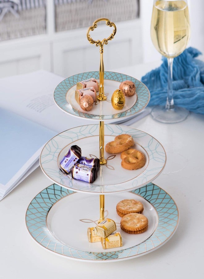 Jusalpha 3-tier Elegant Blue Ceramic Cake Stand/Cupcake Stand/Dessert Stand/Tea Party Pastry Serving Platter/Food Display, Stand, Comes In a Gift Box- Free Sugar Tong JQ-3RG (Blue) - Image 3