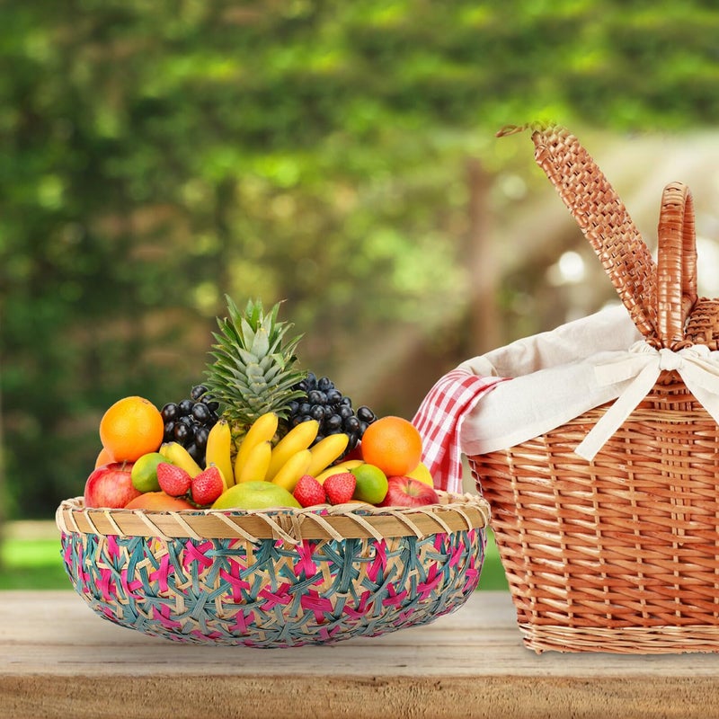 Handwoven Storage Basket With Blue Red Trim Multipurpose Desktop Organizer For Kitchen Pantry - Image 3