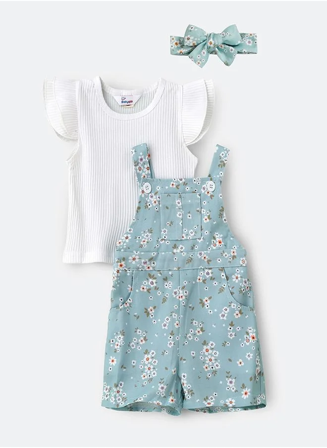 babyqlo Green Daisy Jumpsuit with T-shirt & Headband Set