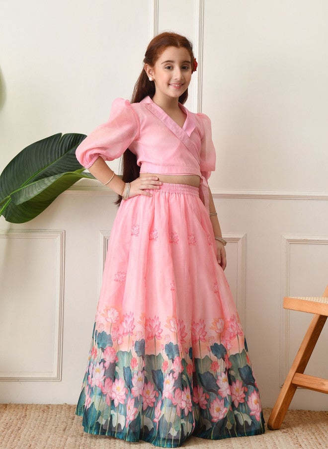 Indi-Loom Couture Girls Printed Flared Lehenga & Crop Top - Image 1