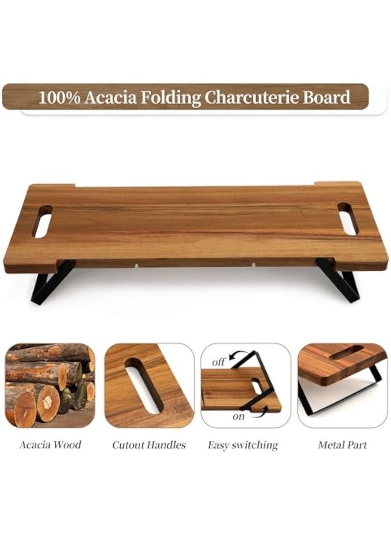 Charcuterie Cheese Board Large: 23in Long Acacia Wooden Serving Tray with Handles Folding Legs Rectangular Appetizer Plank Platter for Parties Buffet Food Display - Image 5
