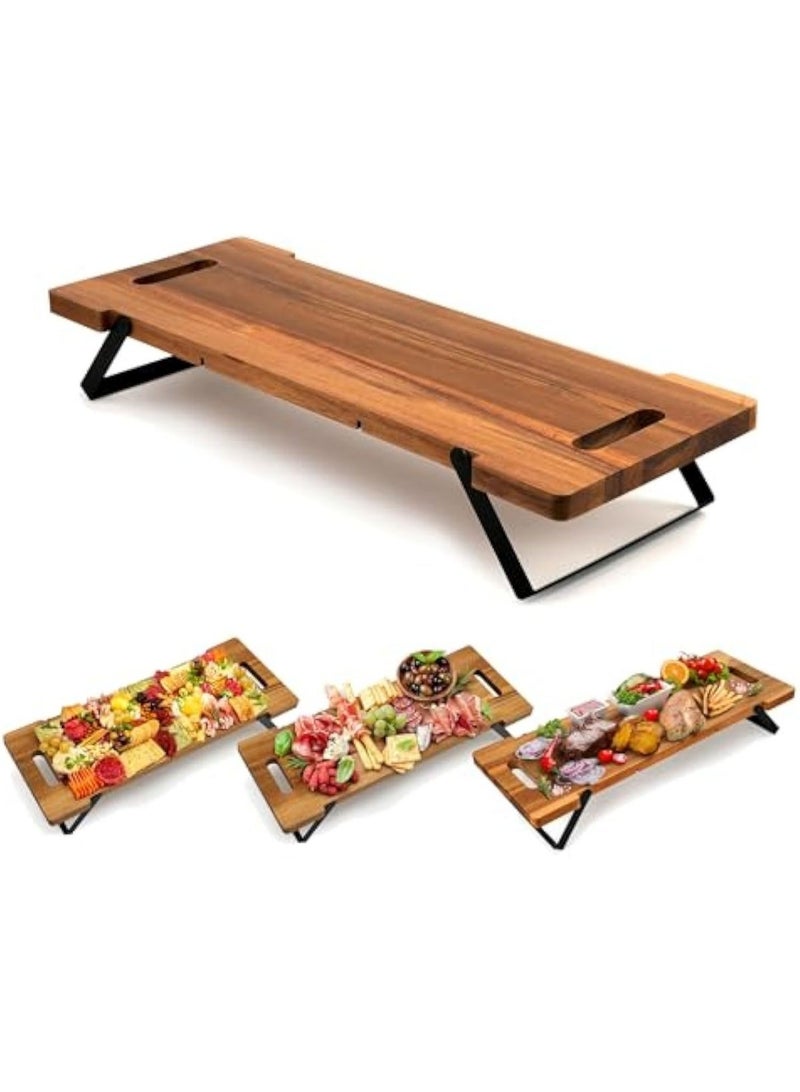 Charcuterie Cheese Board Large: 23in Long Acacia Wooden Serving Tray with Handles Folding Legs Rectangular Appetizer Plank Platter for Parties Buffet Food Display - Image 1