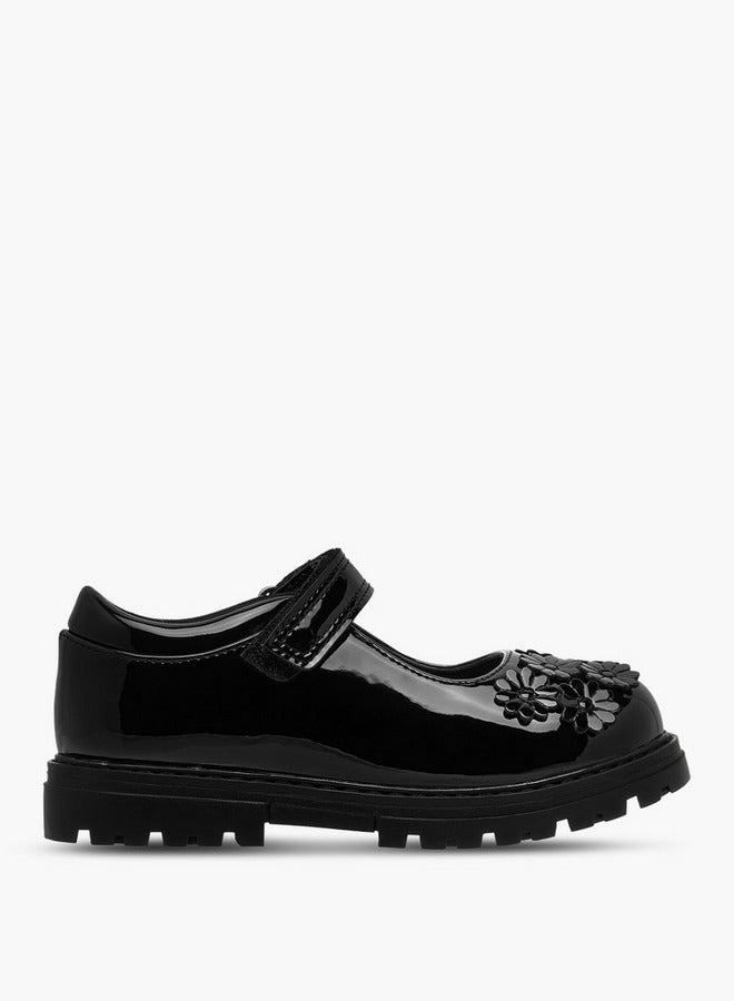 JUNIORS Girls Flower Applique Mary Jane School Shoes with Hook and Loop Closure - Image 3