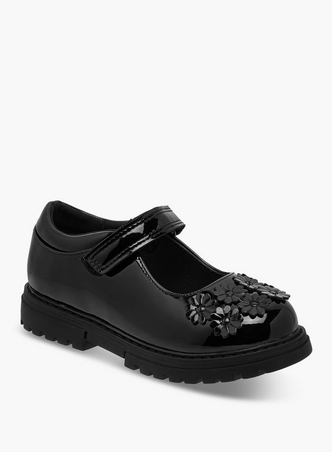 JUNIORS Girls Flower Applique Mary Jane School Shoes with Hook and Loop Closure - Image 2