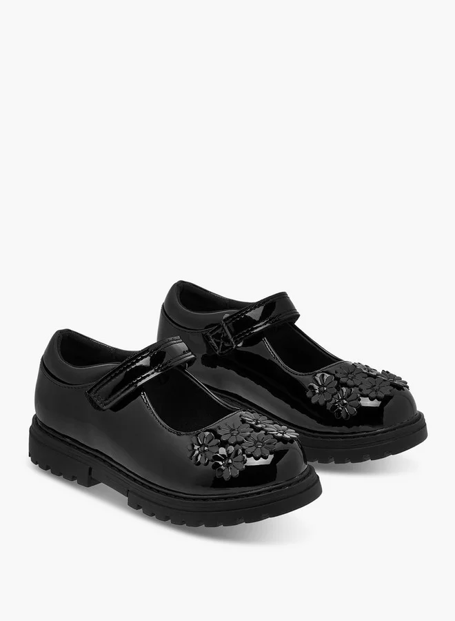 جونيورز Girls Flower Applique Mary Jane School Shoes with Hook and Loop Closure