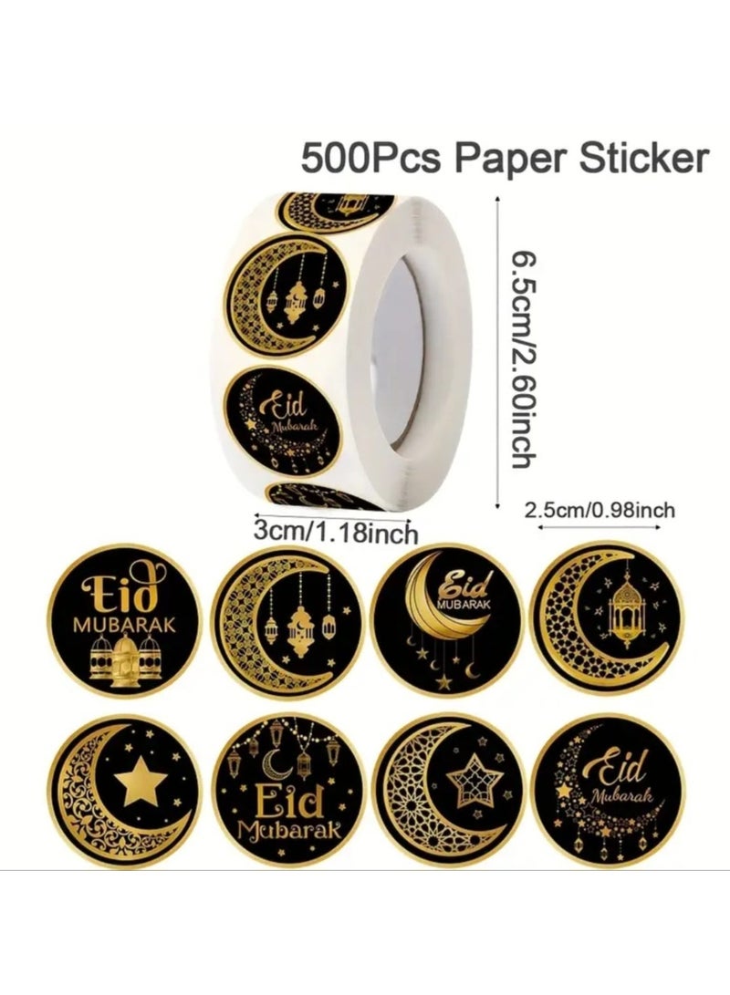 500 Pcs Roll Eid Mubarak Stickers, Ramadan and Eid Decals, Paper Lantern, Start Moon Patterns, Party Decorations, Eid Celebrations,
