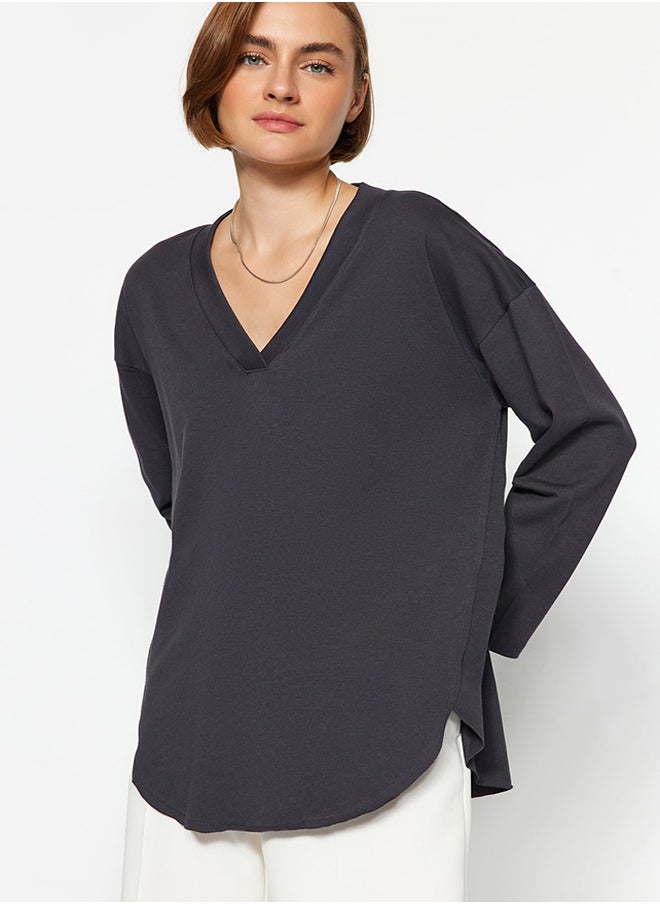 trendyol - Anthracite Premium V-Neck Cotton Regular/Normal Fit Knitted Knitted T-Shirt TWOAW24TS00005 - Image 1