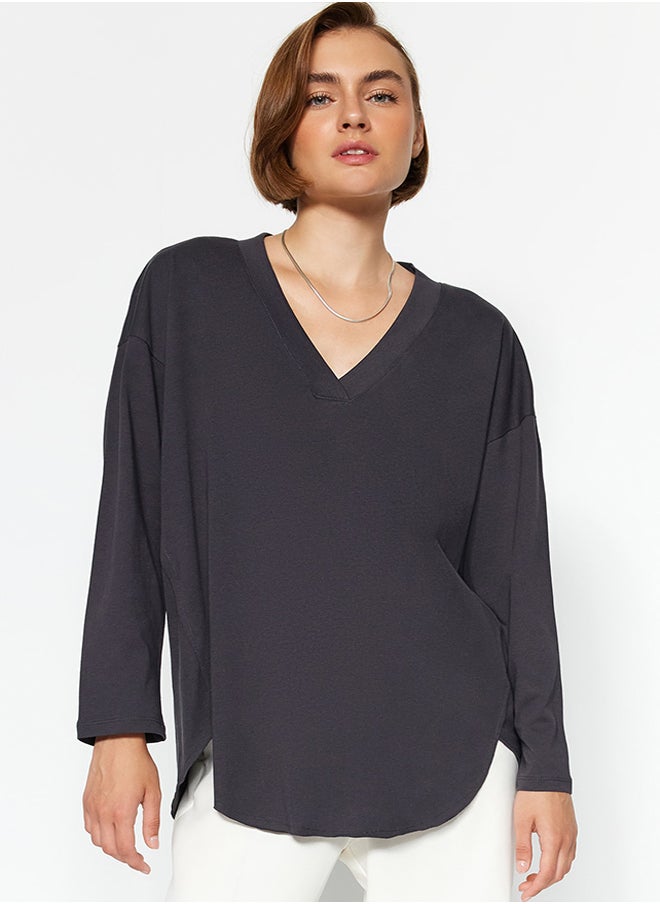 trendyol - Anthracite Premium V-Neck Cotton Regular/Normal Fit Knitted Knitted T-Shirt TWOAW24TS00005 - Image 1