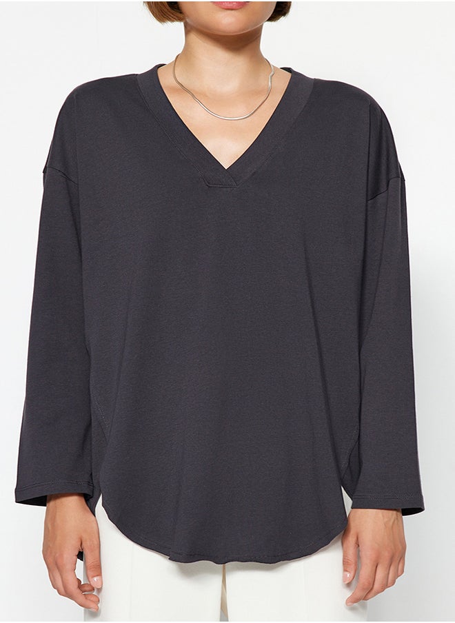 trendyol - Anthracite Premium V-Neck Cotton Regular/Normal Fit Knitted Knitted T-Shirt TWOAW24TS00005 - Image 1