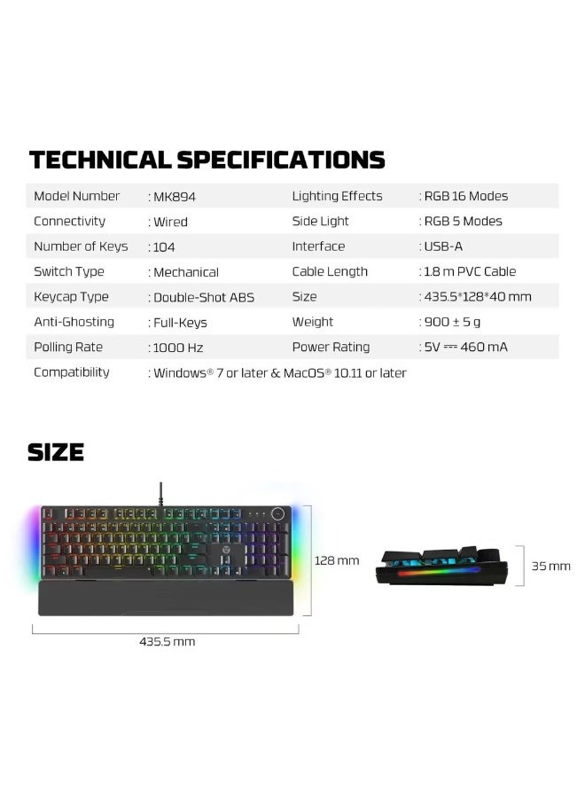 Fantech MK853 MaxPower RGB Mechanical Gaming Keyboard Red Switch Full Size 104 Keys with Volume Knob Dual Shot Keycaps Wrist Rest White - Image 5