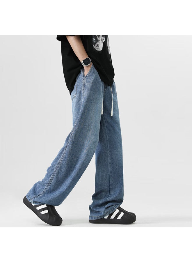 Izexx Lyocell Ice Silk Jeans For Men, Summer Lightweight Straight-leg Loose Wide-leg Casual Trousers Bs02 Dark Blue L - Image 4
