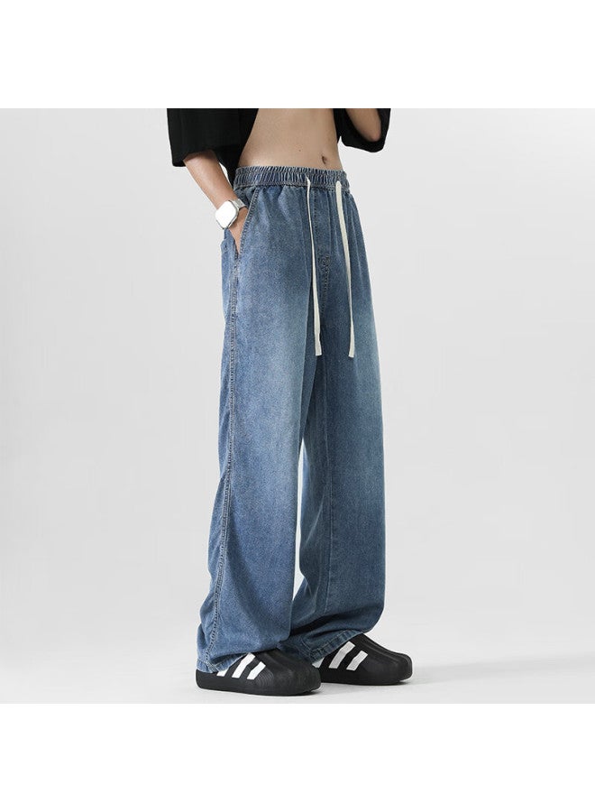 Izexx Lyocell Ice Silk Jeans For Men, Summer Lightweight Straight-leg Loose Wide-leg Casual Trousers Bs02 Dark Blue L - Image 3