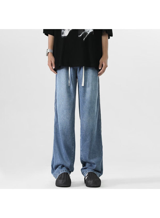 Izexx Lyocell Ice Silk Jeans For Men, Summer Lightweight Straight-leg Loose Wide-leg Casual Trousers Bs02 Dark Blue L - Image 1