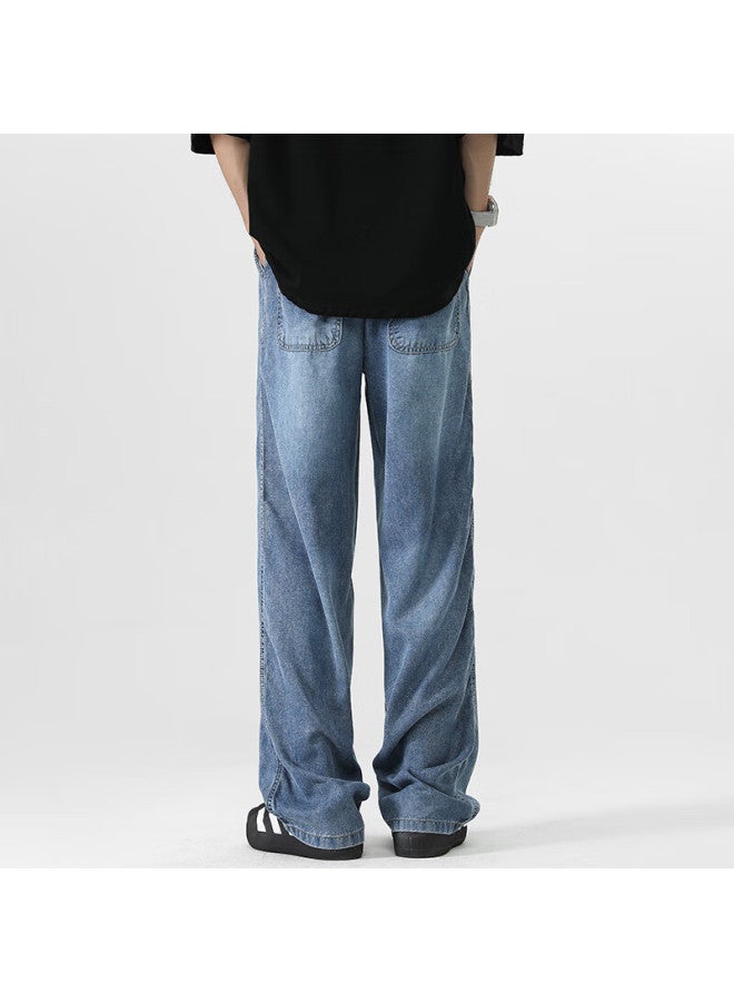 Izexx Lyocell Ice Silk Jeans For Men, Summer Lightweight Straight-leg Loose Wide-leg Casual Trousers Bs02 Dark Blue L - Image 2
