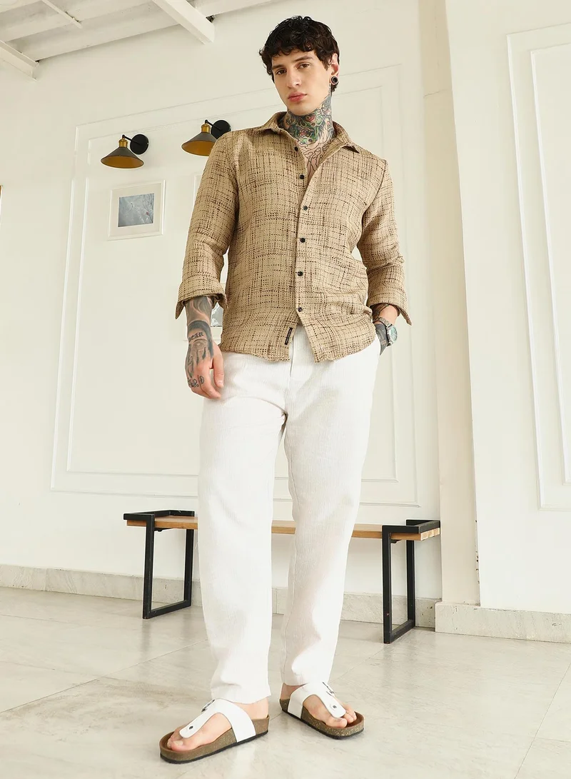 Campus Sutra Men's Beige Textured Cotton-Polyester Blend Shirt