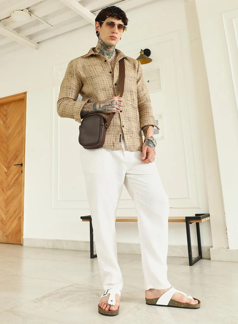 Campus Sutra Men's Beige Textured Cotton-Polyester Blend Shirt
