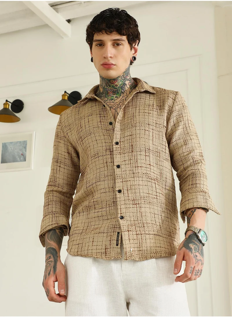 كامبوس سوترا Men's Beige Textured Cotton-Polyester Blend Shirt
