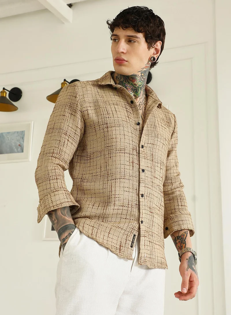 Campus Sutra Men's Beige Textured Cotton-Polyester Blend Shirt