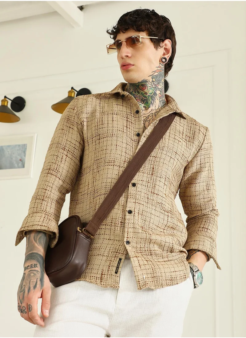 كامبوس سوترا Men's Beige Textured Cotton-Polyester Blend Shirt