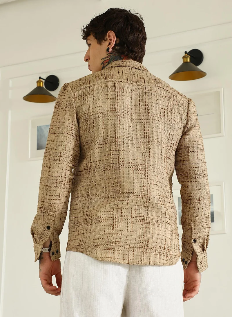 Campus Sutra Men's Beige Textured Cotton-Polyester Blend Shirt