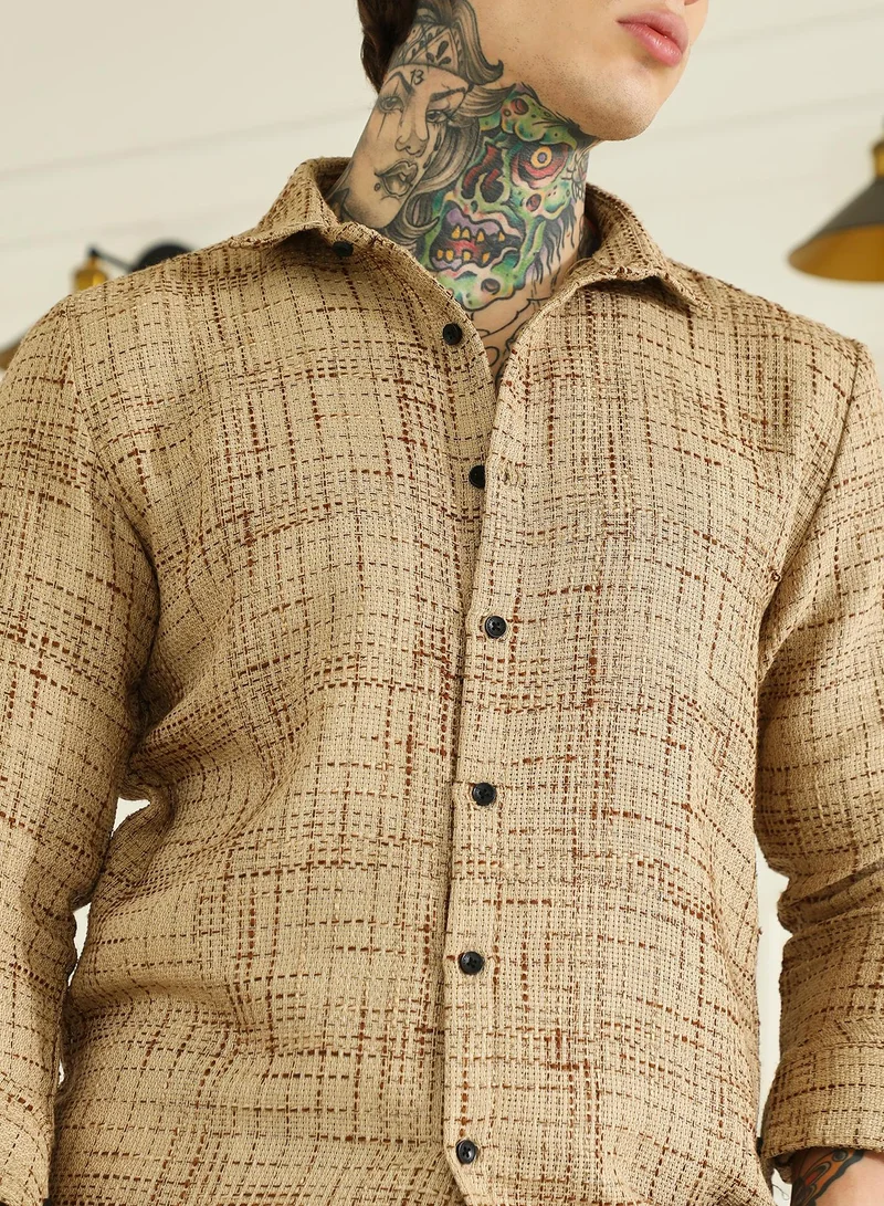Campus Sutra Men's Beige Textured Cotton-Polyester Blend Shirt