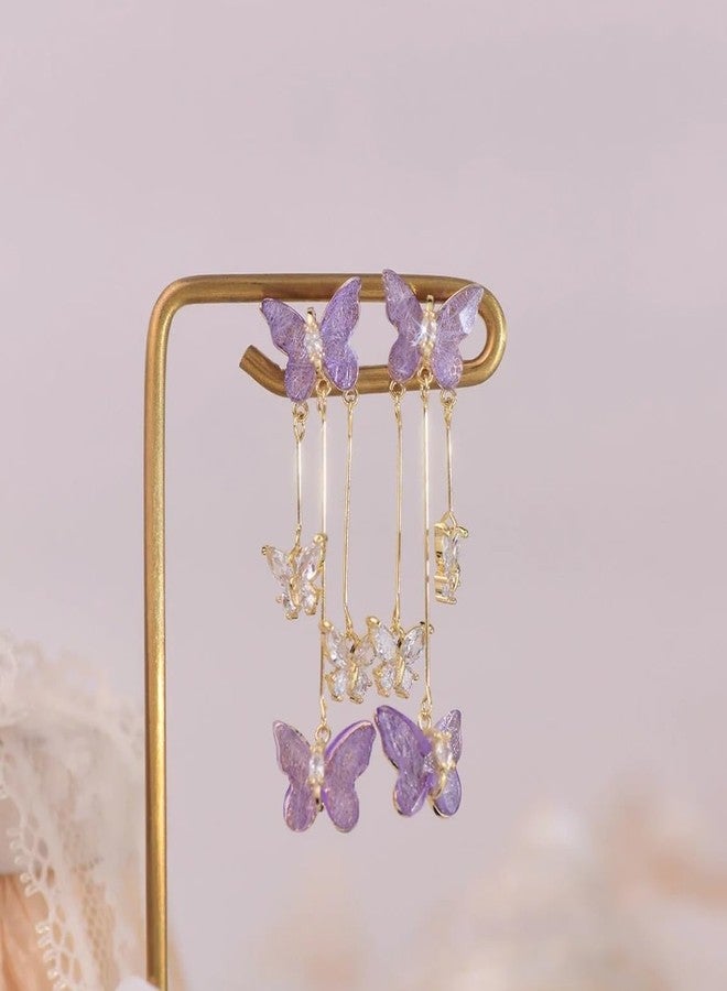 Frodete Purple Rhinestone Butterfly Earrings for Women Spring Summer Floral Fashion Matching Lavender Outfit Birthday Present Wife Mom, Metal, No Gemstone - Image 3