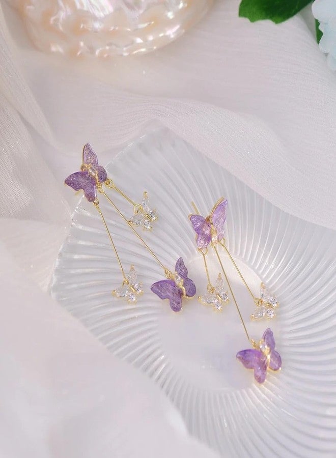 Frodete Purple Rhinestone Butterfly Earrings for Women Spring Summer Floral Fashion Matching Lavender Outfit Birthday Present Wife Mom, Metal, No Gemstone - Image 5