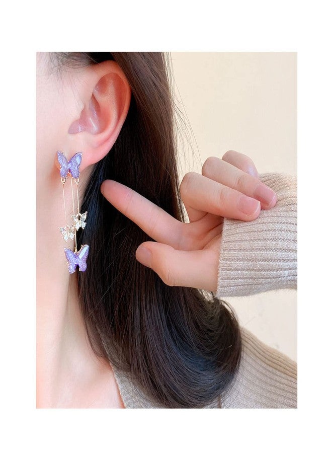 Frodete Purple Rhinestone Butterfly Earrings for Women Spring Summer Floral Fashion Matching Lavender Outfit Birthday Present Wife Mom, Metal, No Gemstone - Image 4