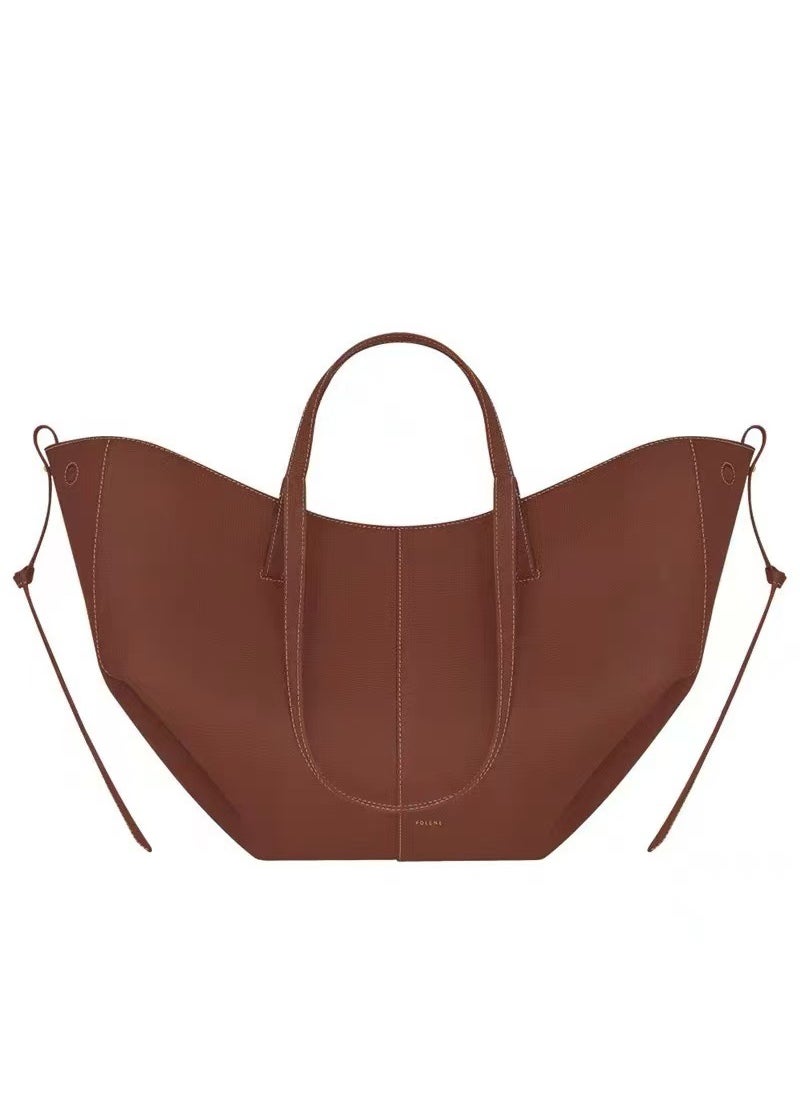 Generic - French Polen Tote Bag Soft Genuine Leather Underarm Shopping Bag Fashionable Handheld Single Shoulder Commute Large Capacity Bag Cognac small size - Image 1