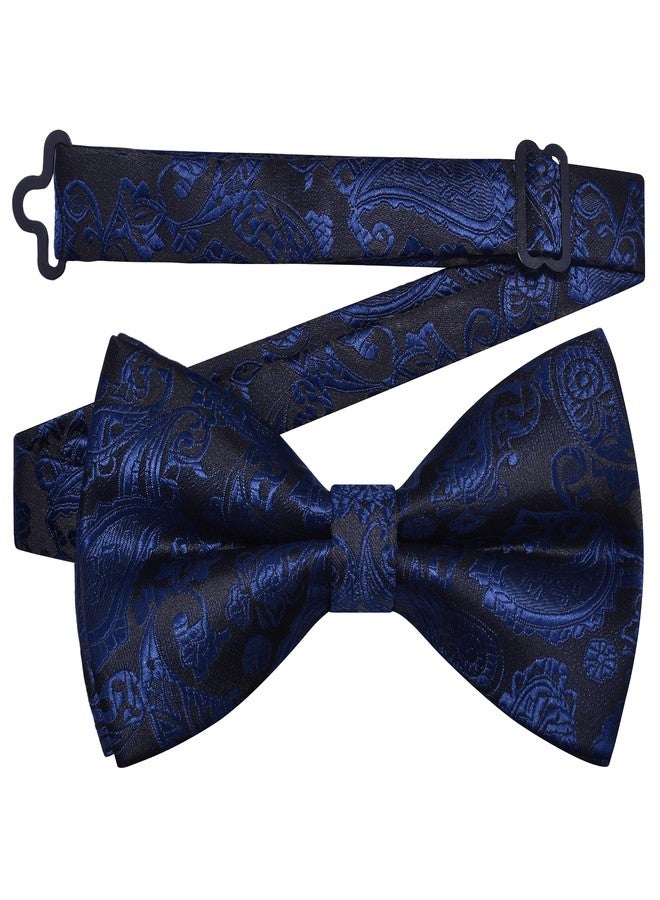 GUSLESON Mens Paisley Bow Tie Pocket Square Set for Wedding Pre-Tied Silk Navy Blue Bowties Handkerchief Cufflinks for Party (0497-29) - Image 3