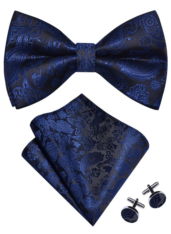 GUSLESON Mens Paisley Bow Tie Pocket Square Set for Wedding Pre-Tied Silk Navy Blue Bowties Handkerchief Cufflinks for Party (0497-29) - Image 1