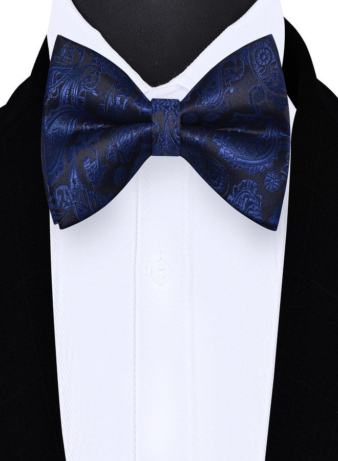 GUSLESON Mens Paisley Bow Tie Pocket Square Set for Wedding Pre-Tied Silk Navy Blue Bowties Handkerchief Cufflinks for Party (0497-29) - Image 2