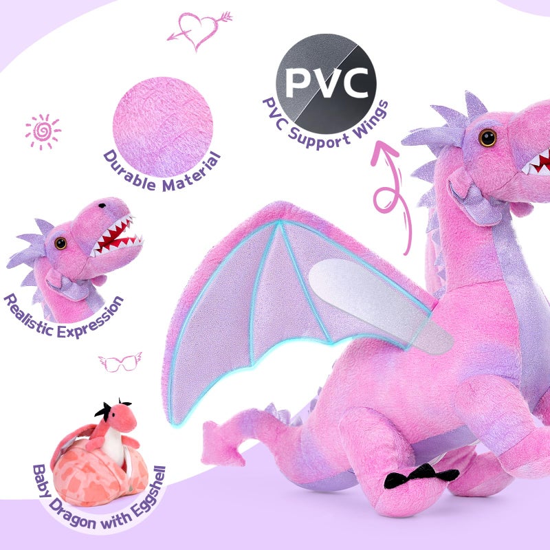 MaoGoLan مجموعة ماو غولان من 7 قطع دمى تنين محشوة، 22 بوصة مجموعة دمى تنين وردية، دمى تنين محشوة كبيرة، دمية أم التنين مع 4 صغار و 2 بيضة محشوة للبنات - Image 5