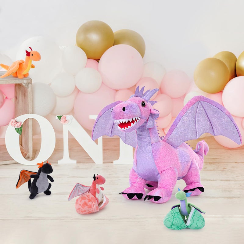 MaoGoLan مجموعة ماو غولان من 7 قطع دمى تنين محشوة، 22 بوصة مجموعة دمى تنين وردية، دمى تنين محشوة كبيرة، دمية أم التنين مع 4 صغار و 2 بيضة محشوة للبنات - Image 2