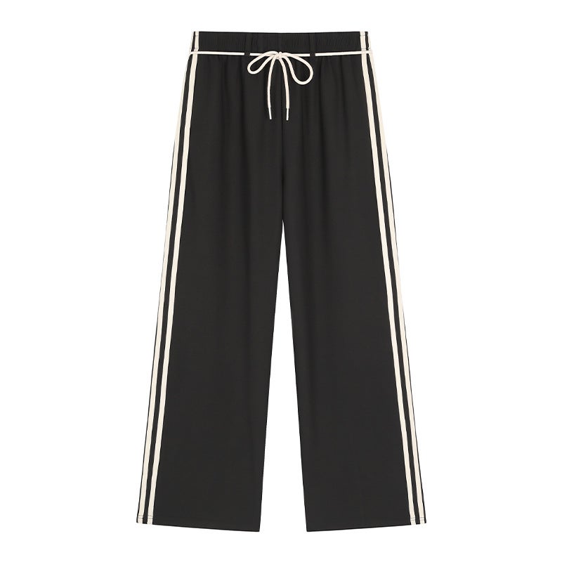 Korean High Waist Striped Tie Casual Pants Plus Size Autumn Winter Slimming Black  - Image 1