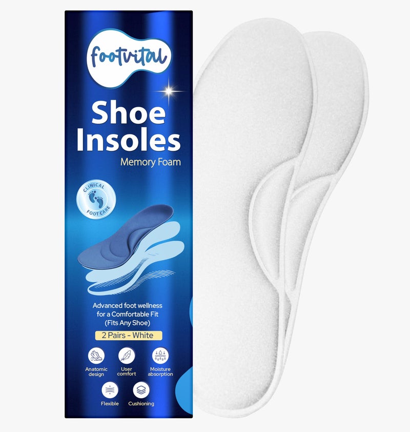 Footvital Memory Foam Shoe Insoles for Men and Women | Soft Cushioned Inserts for Long Standing and Walking | Supports Heel and Arch | Shock Absorbing | Moisture Absorbing | Lightweight Washable Insoles for All Shoes | 2 Pairs | White | Size 6 - Image 1