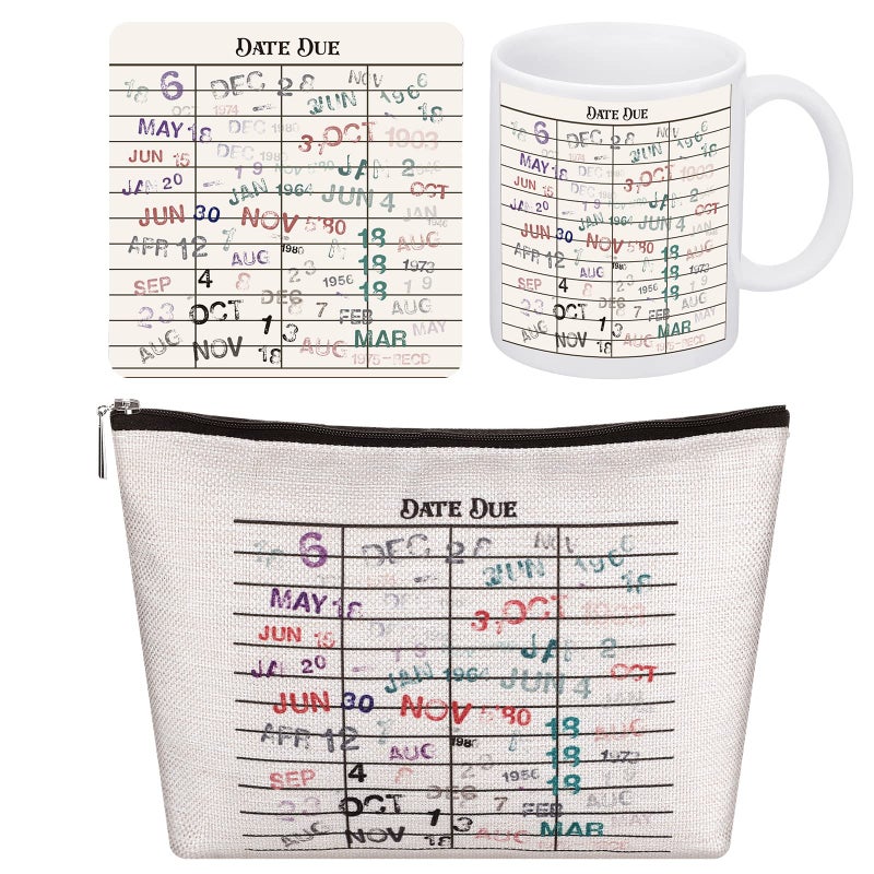 Newtay Newtay 3 Pcs Funny Librarian Gift Set Including Due Date Card Coffee Mug Vintage Due Date Coaster and Library Toiletry Bag for Book Lovers Readers Valentines Birthday Gift