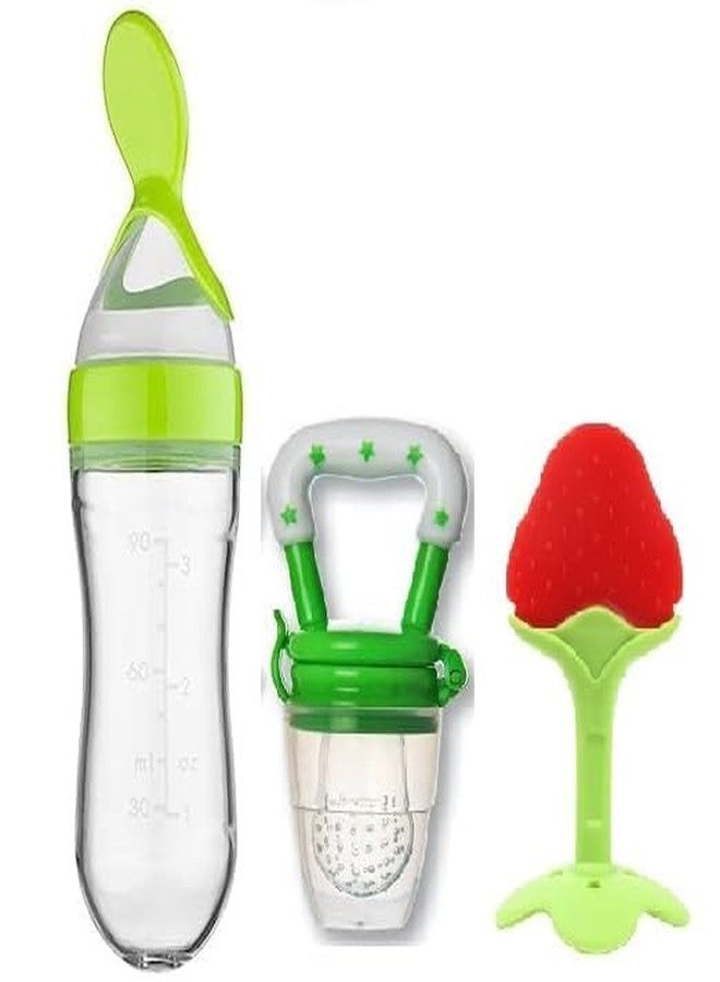 Chopchi Fruit Feeder,Teether & Feeding Spoon Bottle with Squeezy Food for 6 Month Above Baby (Pack of-3, Green Set) - Image 1