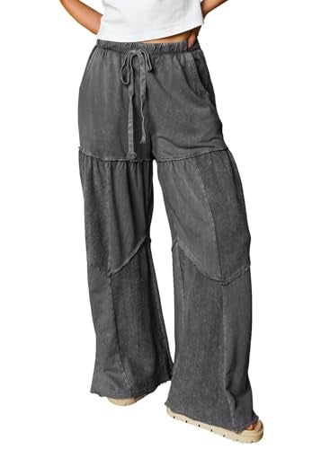 Shein SHEWIN Women Wide Leg Pants Dressy Casual Palazzo Washed Out Chic Pant High Waist Work Slack Baggy Trousers Boho Fall Spring Clothes Drawsting Elastic Waist 2026 Comfy Outfits Size 2XL, Grey - Image 1