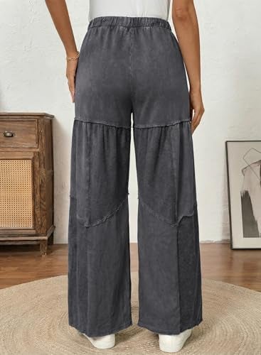 Shein SHEWIN Women Wide Leg Pants Dressy Casual Palazzo Washed Out Chic Pant High Waist Work Slack Baggy Trousers Boho Fall Spring Clothes Drawsting Elastic Waist 2026 Comfy Outfits Size 2XL, Grey - Image 2