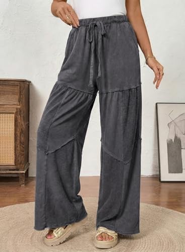 Shein SHEWIN Women Wide Leg Pants Dressy Casual Palazzo Washed Out Chic Pant High Waist Work Slack Baggy Trousers Boho Fall Spring Clothes Drawsting Elastic Waist 2026 Comfy Outfits Size 2XL, Grey - Image 4