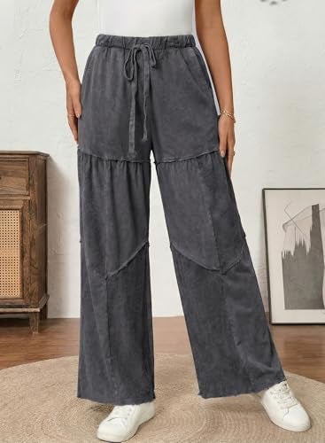 Shein SHEWIN Women Wide Leg Pants Dressy Casual Palazzo Washed Out Chic Pant High Waist Work Slack Baggy Trousers Boho Fall Spring Clothes Drawsting Elastic Waist 2026 Comfy Outfits Size 2XL, Grey - Image 3
