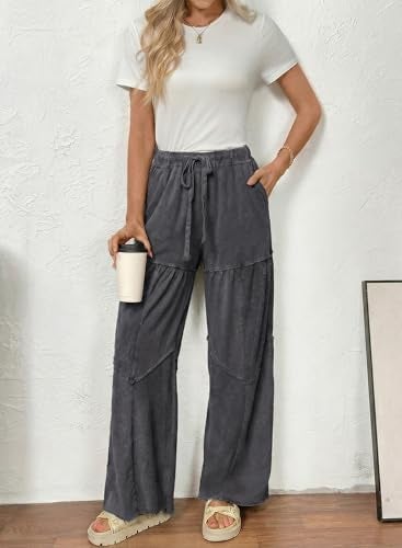 Shein SHEWIN Women Wide Leg Pants Dressy Casual Palazzo Washed Out Chic Pant High Waist Work Slack Baggy Trousers Boho Fall Spring Clothes Drawsting Elastic Waist 2026 Comfy Outfits Size 2XL, Grey - Image 5