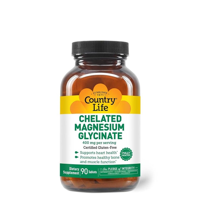 Country Life Chelated Magnesium Glycinate 400mg 90 Tablets Certified Gluten Free Certified Vegan Certified Halal NonGMO Verified