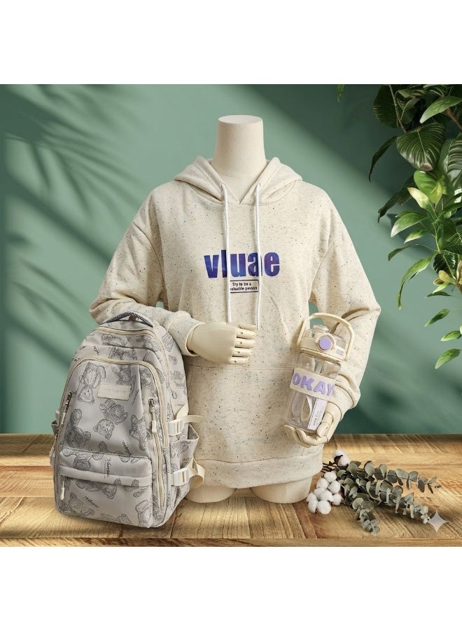 QUINTUS VLUAE Bundle - Beige Hoodie + Beige Backpack + Transparent Bottle - Image 1