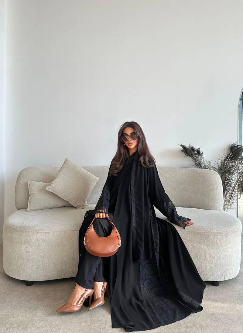Lusin Abaya Royal Crepe Abaya with Lace Sleeves & Sides