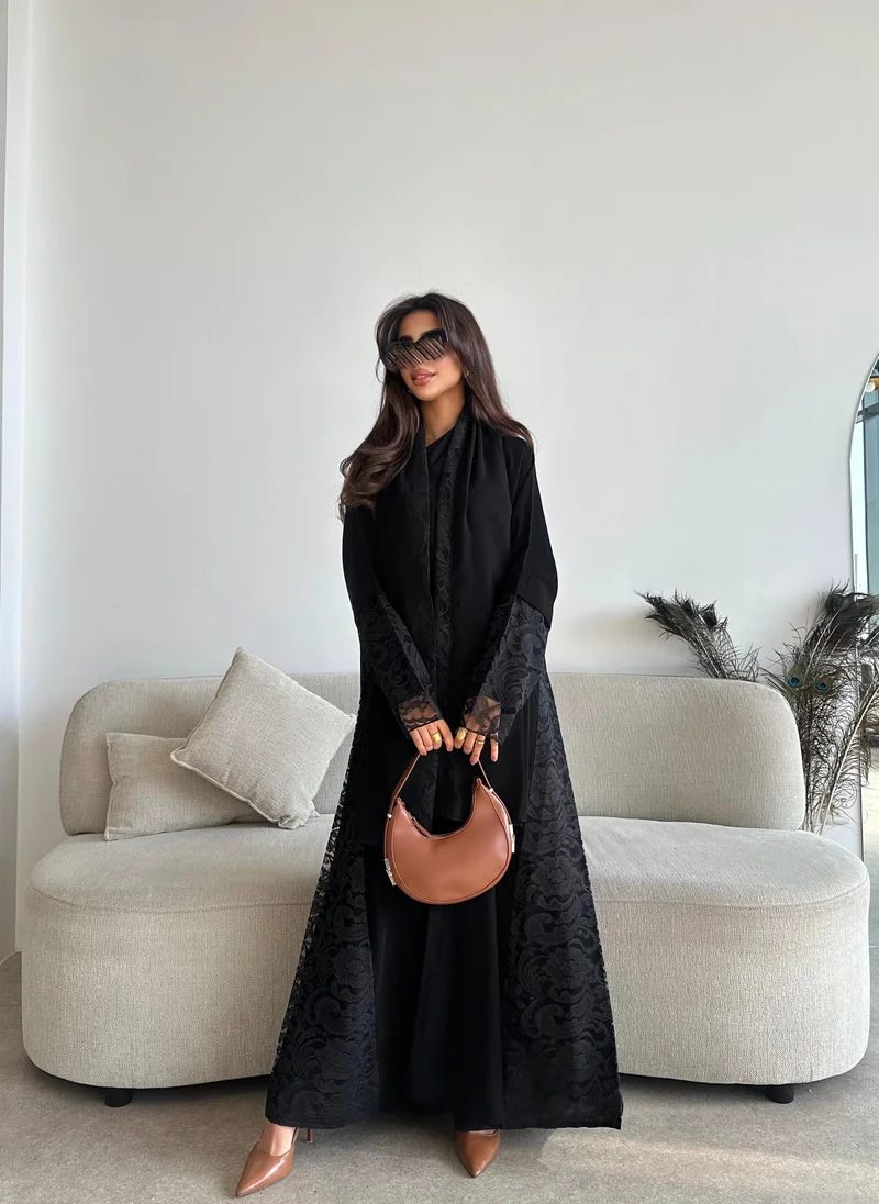 Lusin Abaya Royal Crepe Abaya with Lace Sleeves & Sides